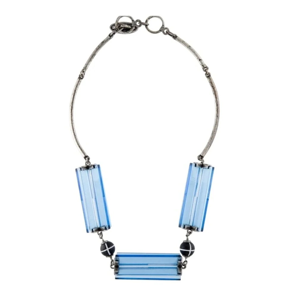 Lela Rose Rectangle Lucite Blue Antique Silver Tone Collar Statement Necklace